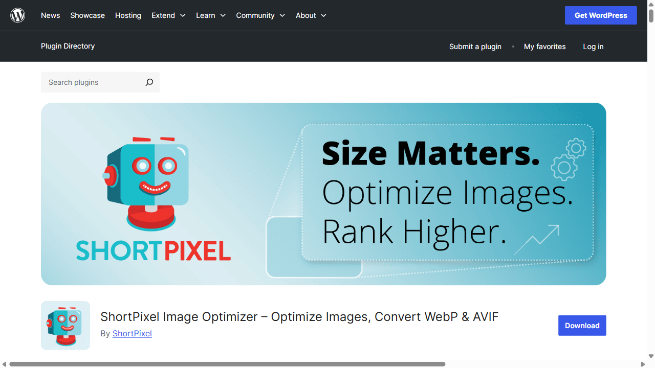 WordPress 插件目录：ShortPixel Image Optimizer 插件页面（图片压缩/转换 WebP）