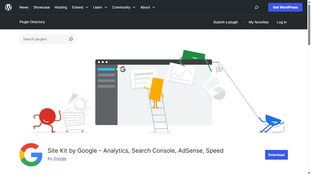 WordPress 插件目录：Site Kit by Google 插件页面（连接 GA4 / Search Console）