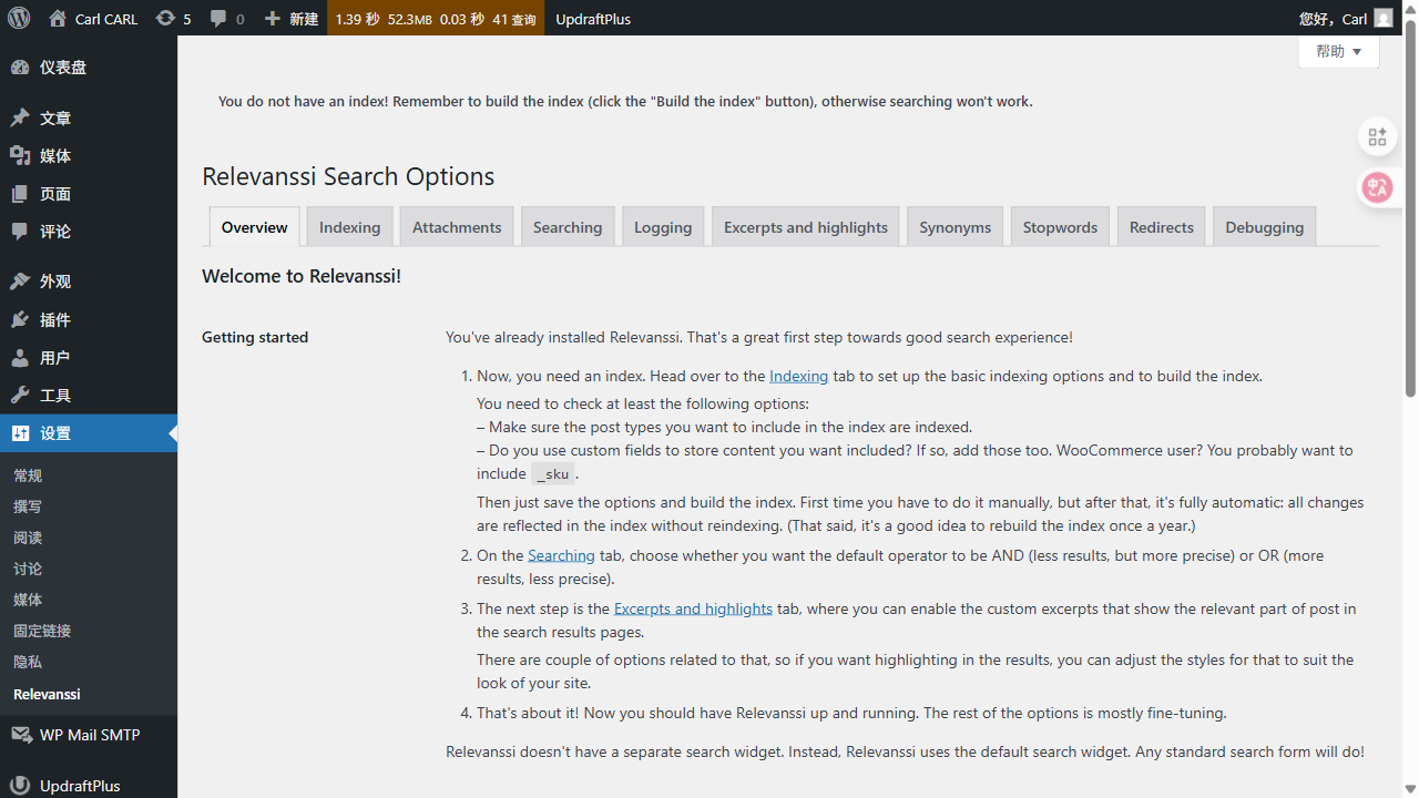 Relevanssi 设置页（建立索引等关键选项）